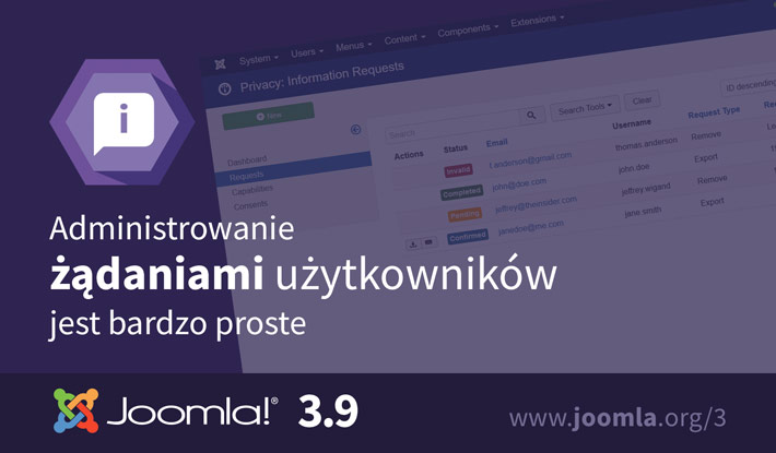 Joomla 3.9 Wnioski o wgląd do danych osobowych i ich usunięcie