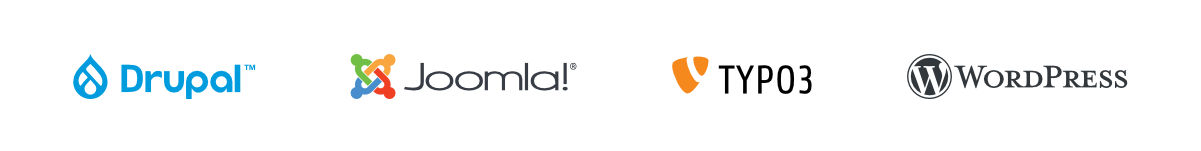 Logos of the CMS Projects, from left to right: Drupal, Joomla, TYPO3, and WordPress.