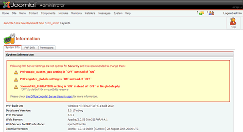 Joomla! 1.0.11 Security Check - System Information