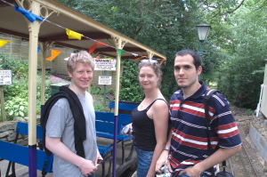 Chris, Jacki Sweeting and Johan await the rail tram journey Chris, Jacki Sweeting and Johan await the rail tram journey